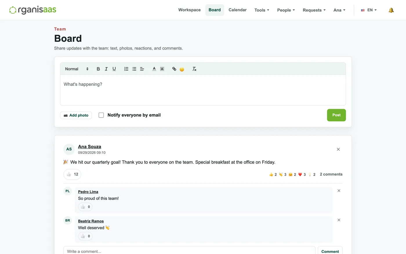 Company feed with posts, photos, likes and comments