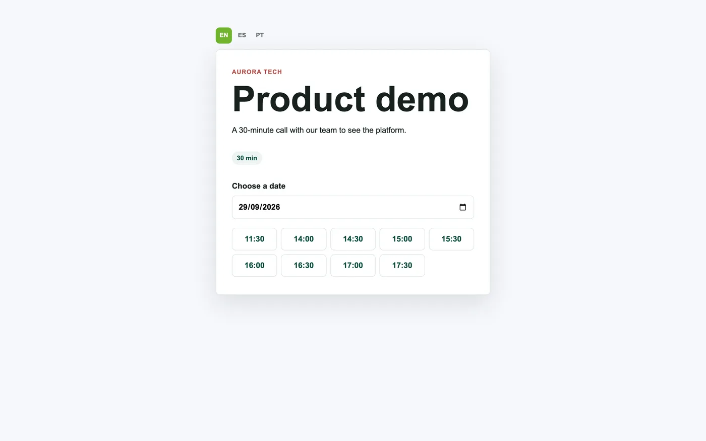 Public booking page with available times