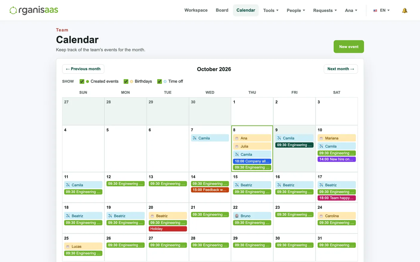 Monthly team calendar