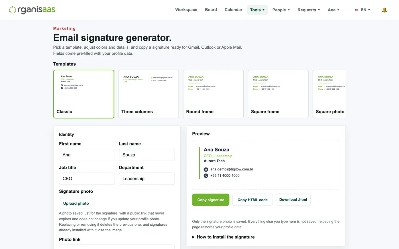 Email signature generator with templates