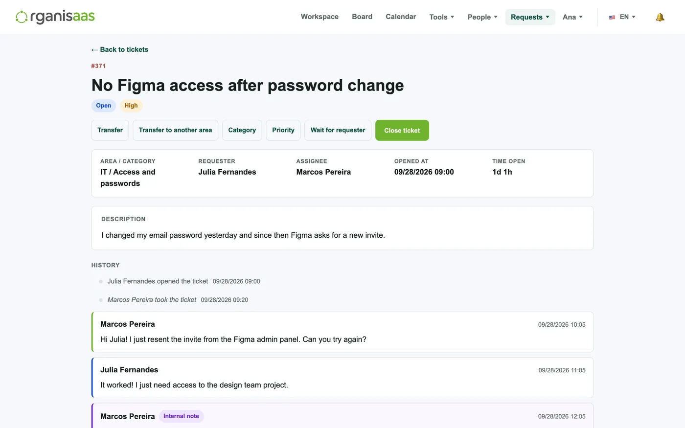 Internal ticket conversation with status and priority