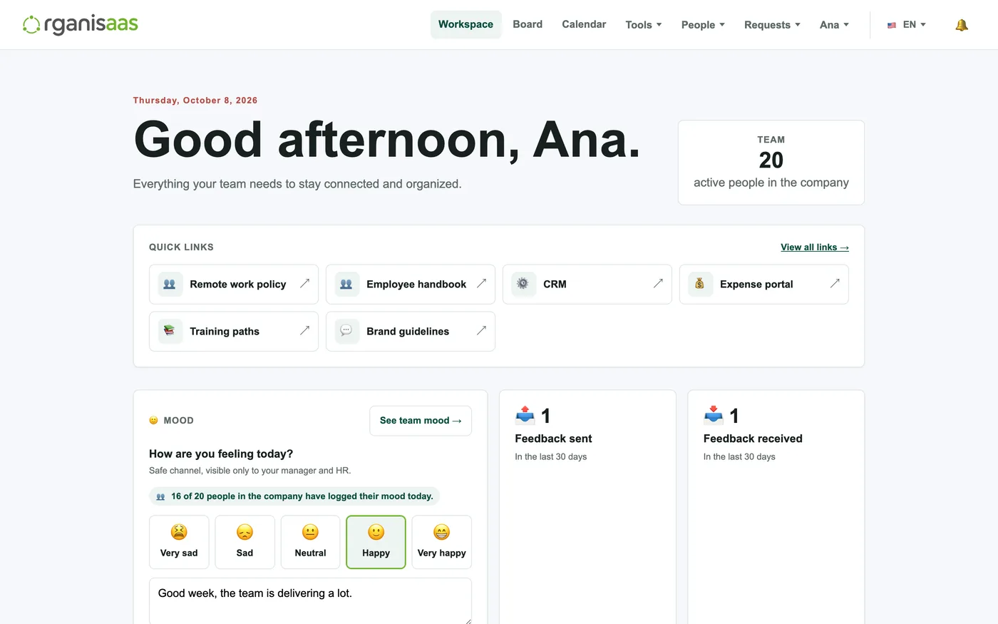 Home screen with shortcuts, daily mood and feedback