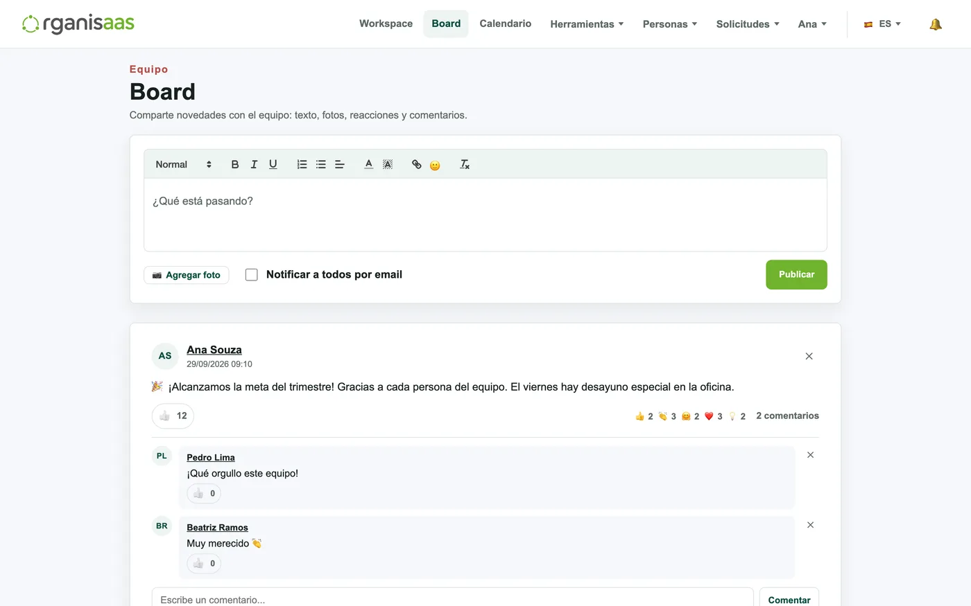 El feed de la empresa: comunicados, logros, fotos, me gusta y comentarios.