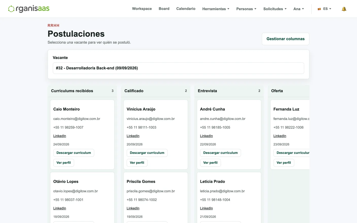 Candidatos en un tablero por etapa. Solo arrastra para avanzar.