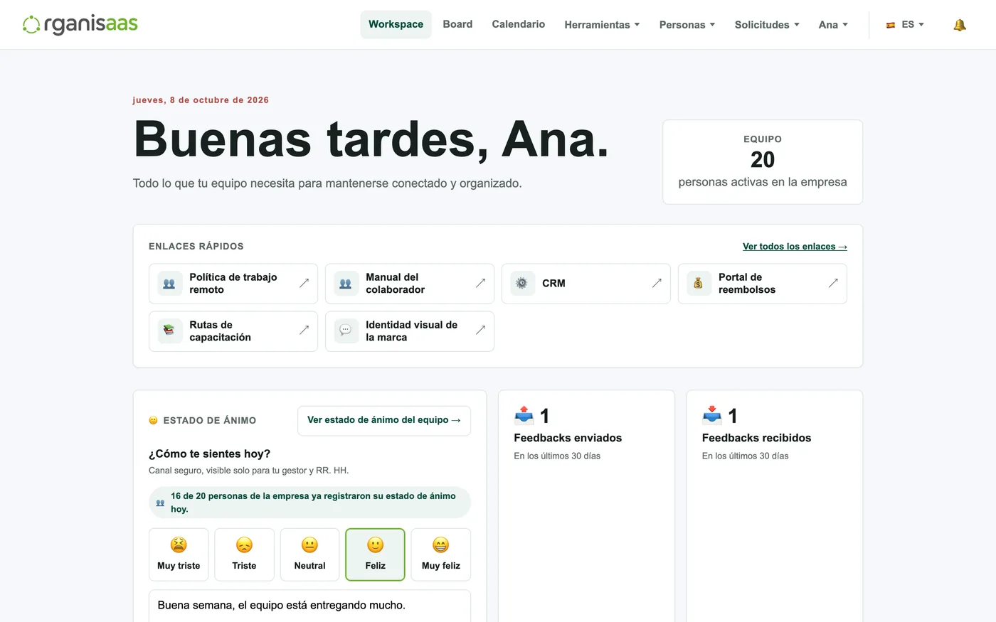 Pantalla de inicio de Organisaas con accesos directos, ánimo del día y feedbacks