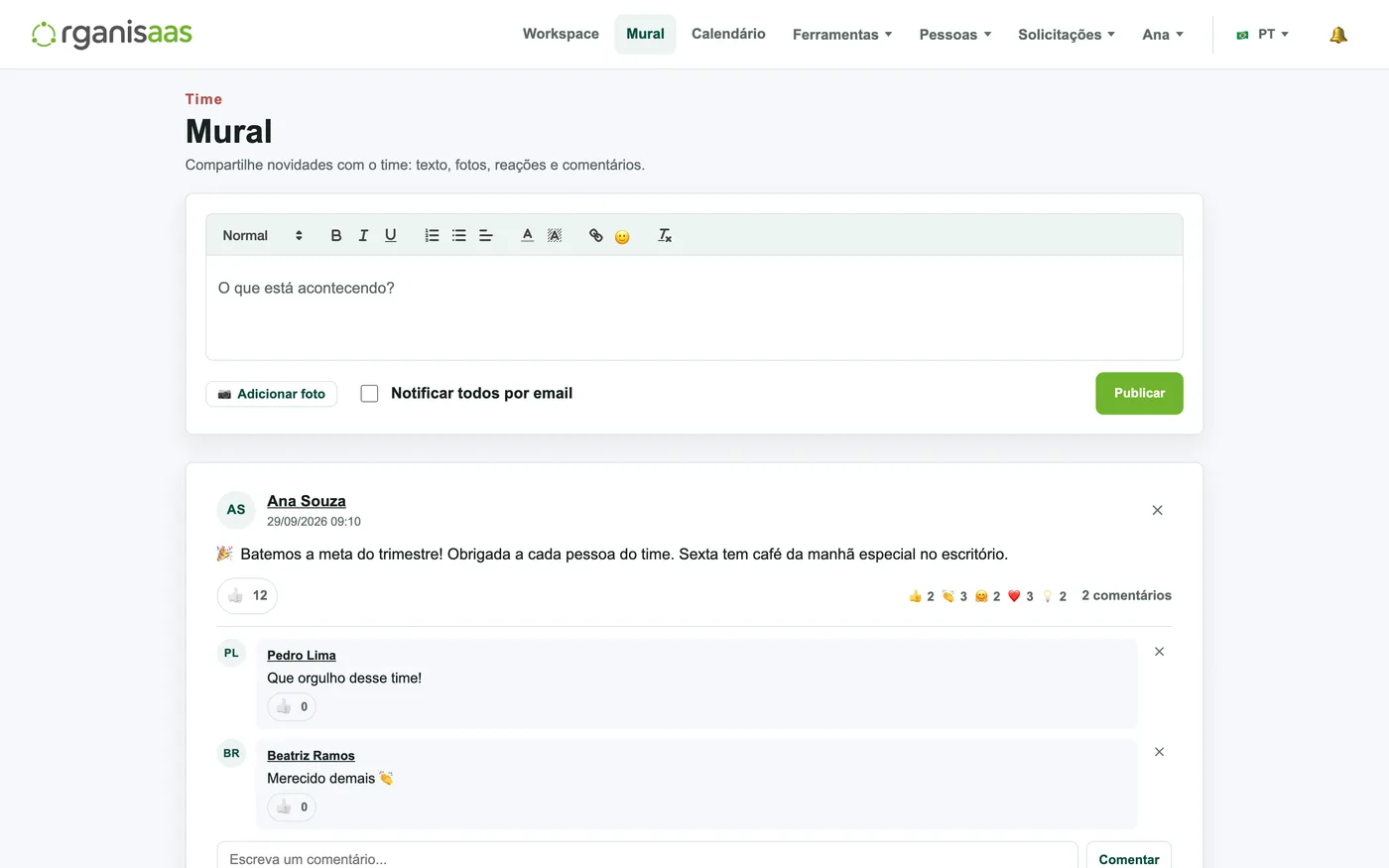 O feed da empresa: comunicados, conquistas, fotos, curtidas e comentários.