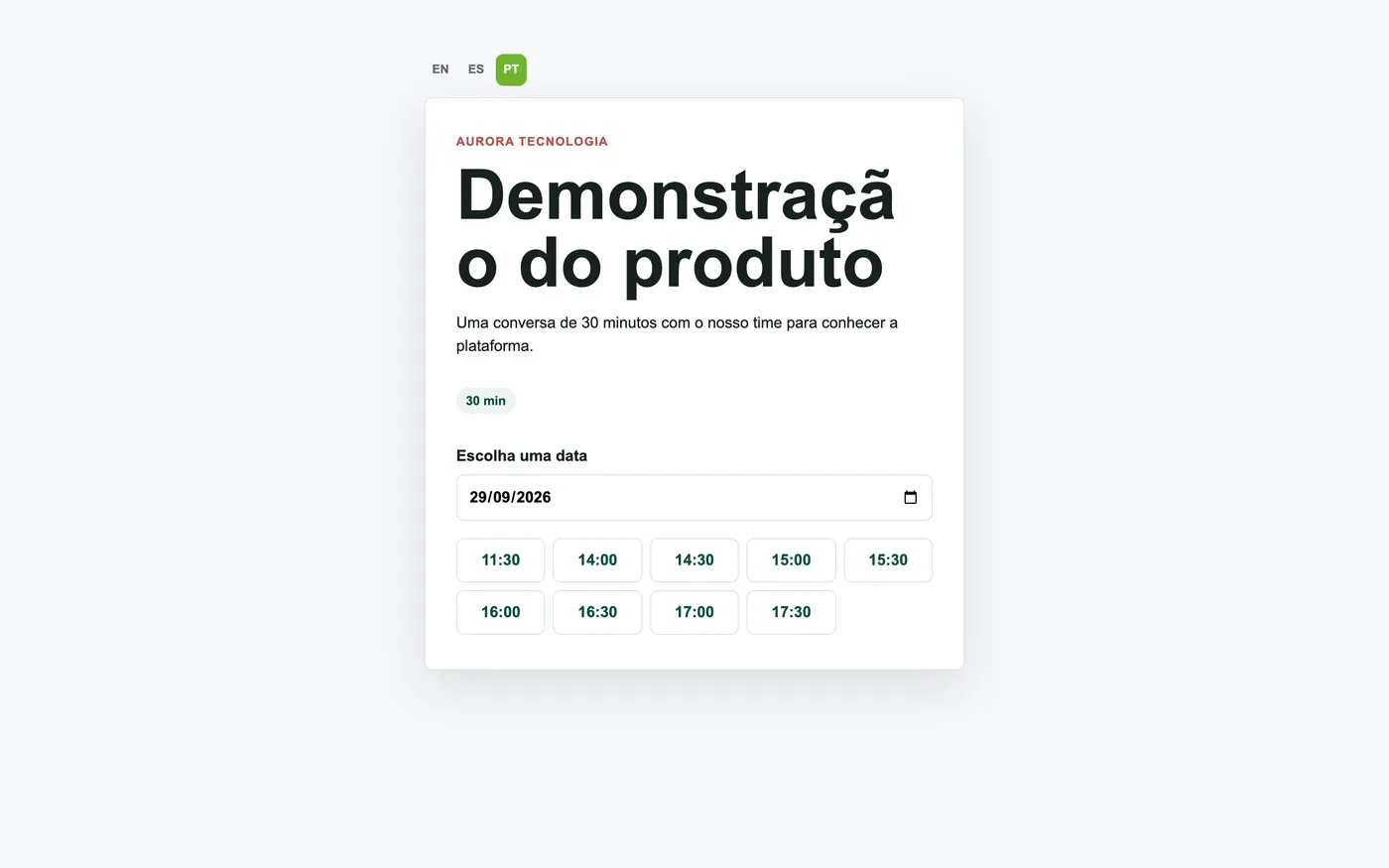 Página pública de agendamento com horários disponíveis
