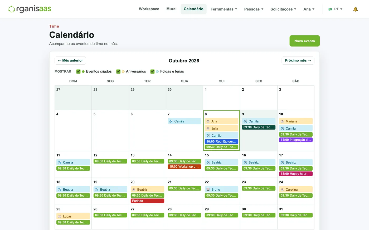 Calendário mensal do time
