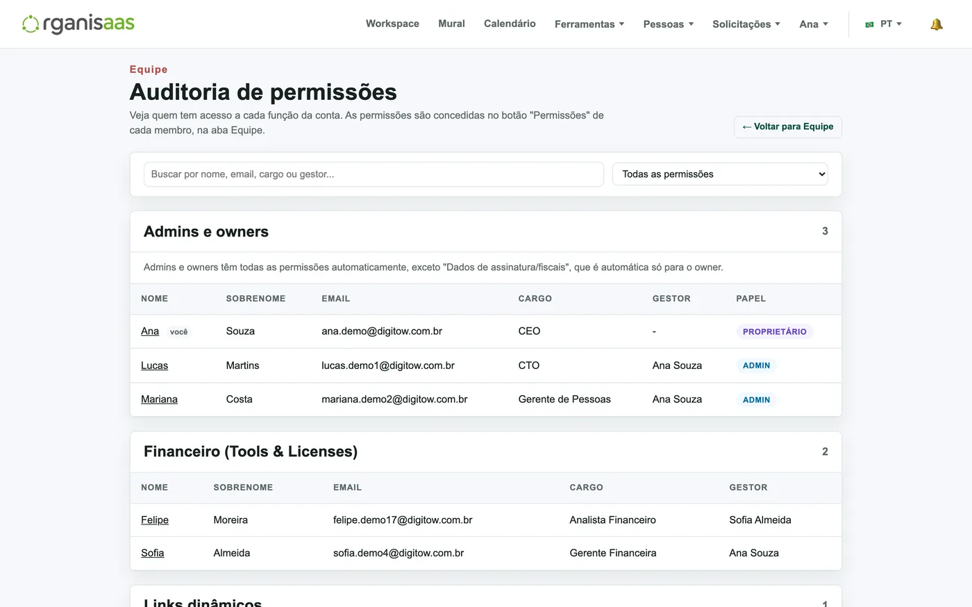 Tela de permissões por pessoa