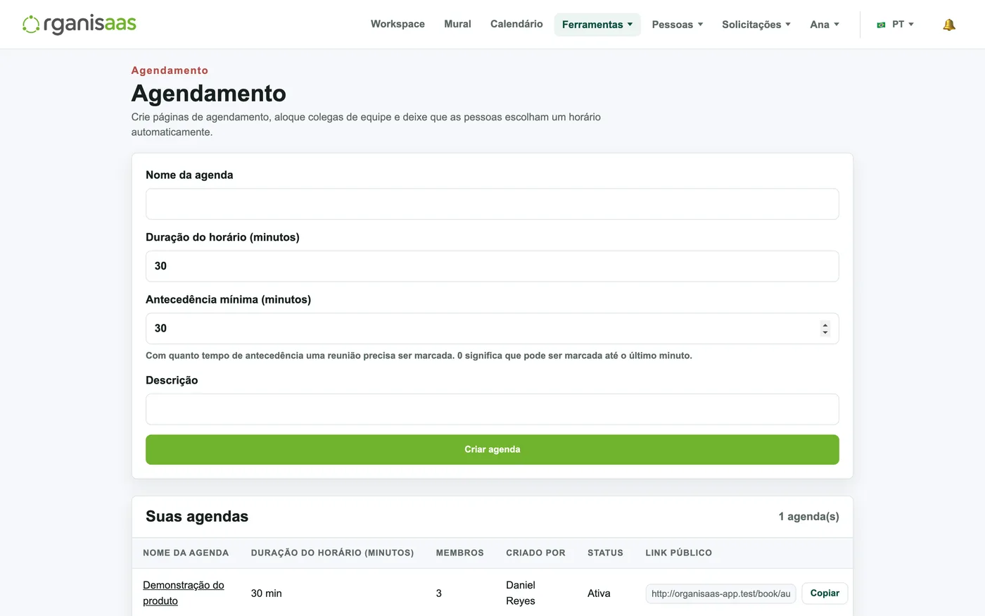 Configuração de agendas e disponibilidade